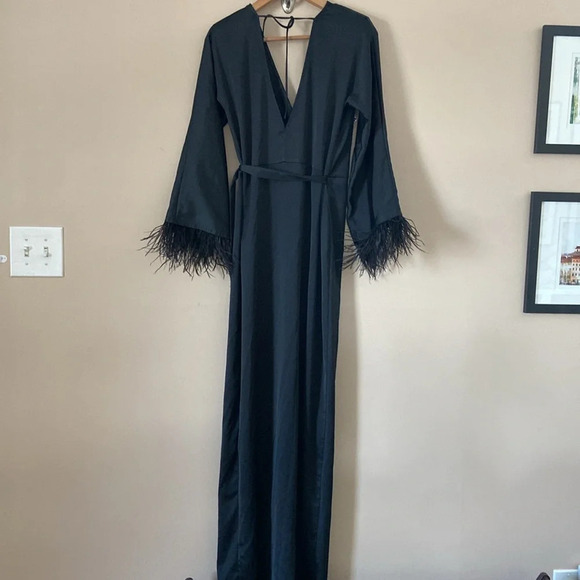 Michael Costello x REVOLVE Feather Trim Wrap Dress in Black - Picture 10 of 13